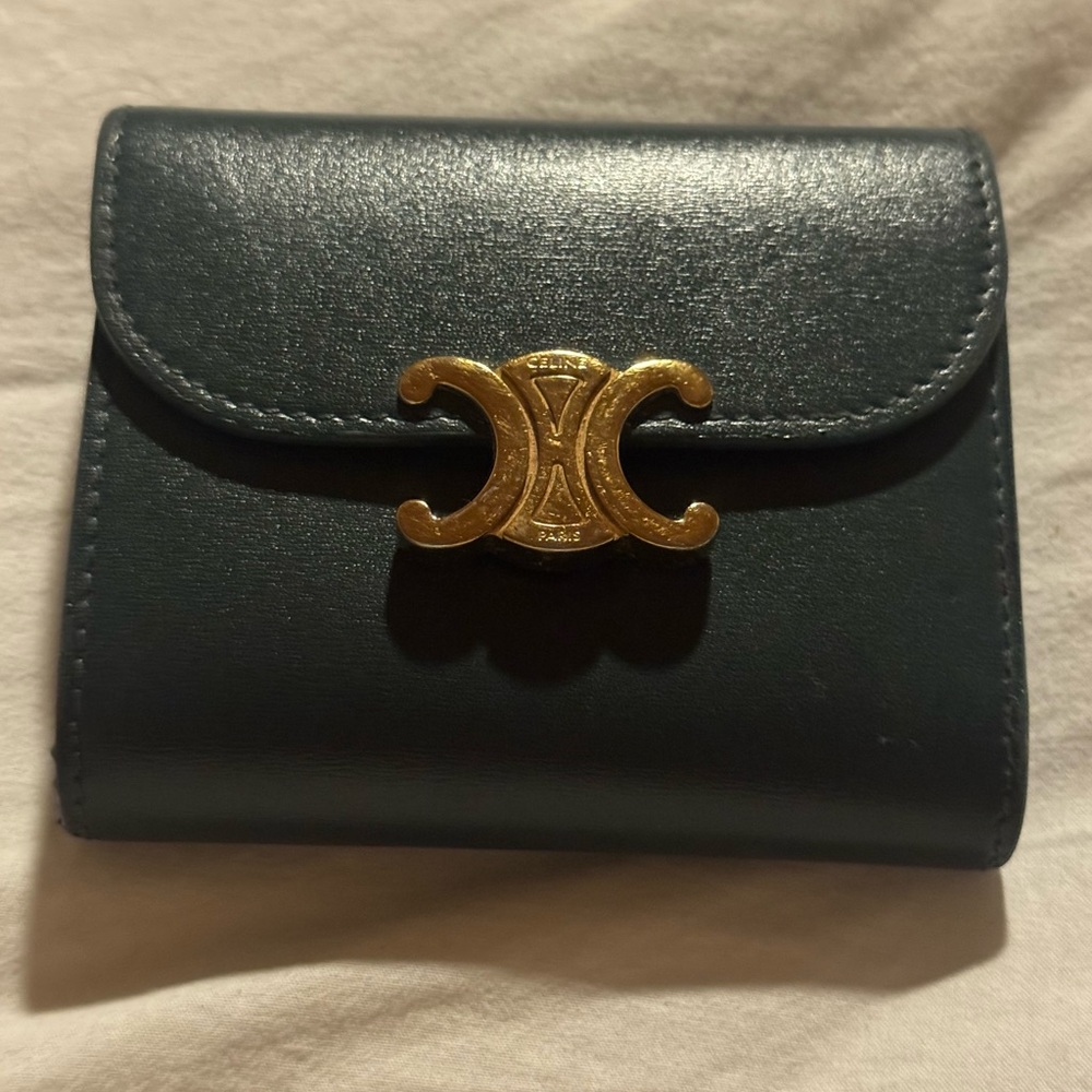 Celine Forest Green Wallet with Gold Emblem